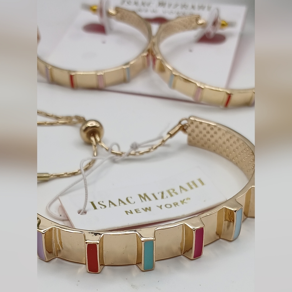 Set Of Isaac Mizrahi Slide Bracelet and Hoop Earrings Multi-color Gold Tone NWT